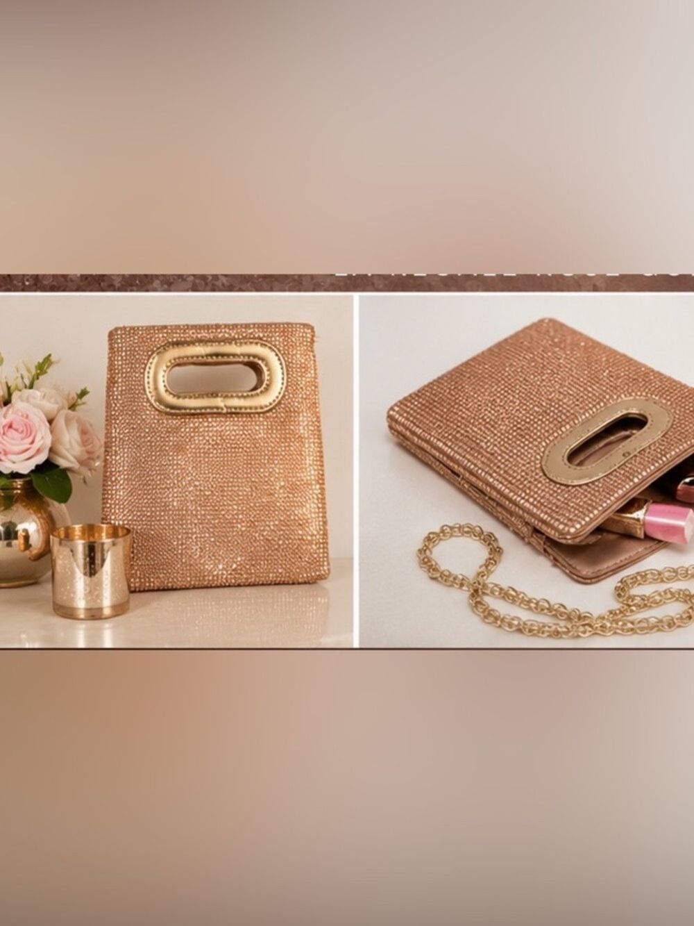 La Regale Rose Gold Rhinestone Evening Bag Cutout Handle Clutch Purse 7” x 8”